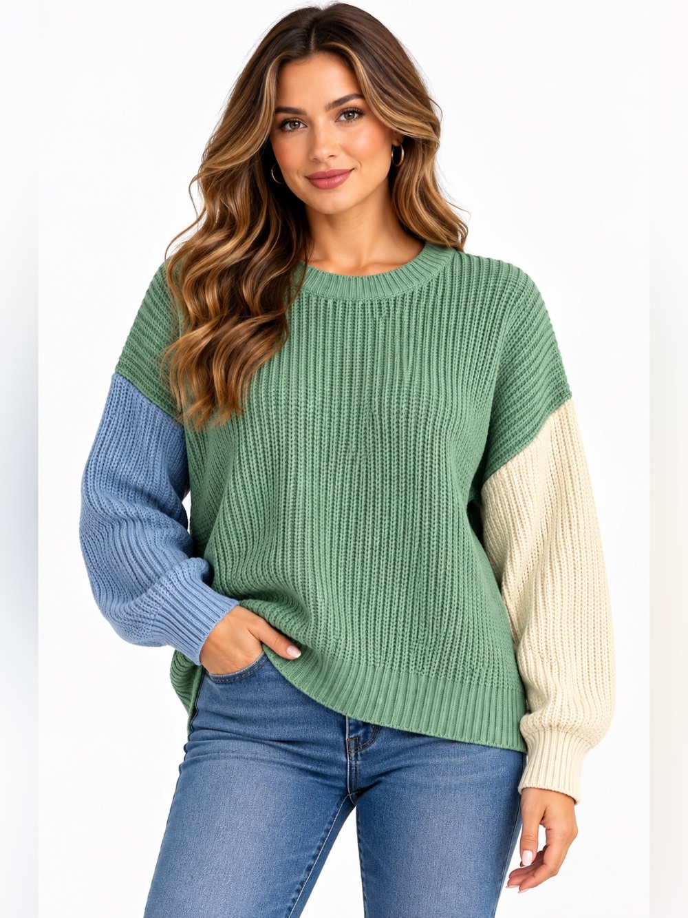 b.young Color Block Sweater in Green & Blue